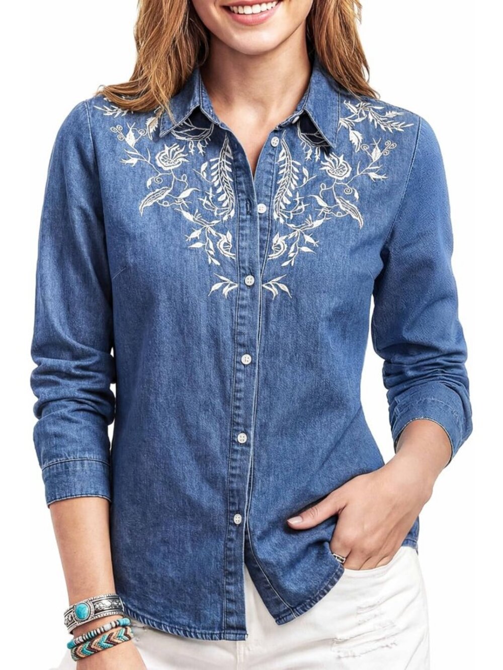 Fluffy Women's Denim Button Down Shirt - Washed Chambray Jean Top, Casual Style